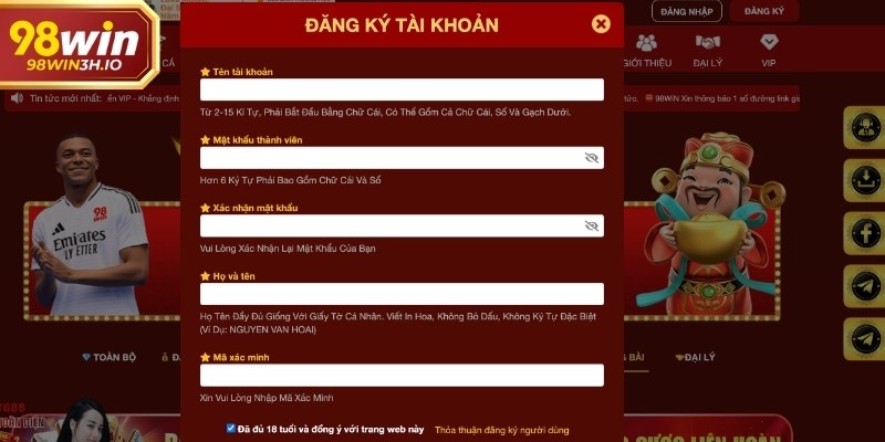 Quy trình đăng ký 98win được tối giản để hội viên dễ thao tác